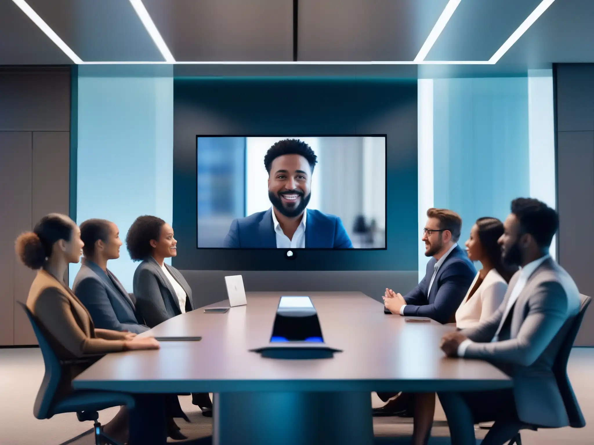 Profesionales en videoconferencia segura: emoción y colaboración Un grupo de profesionales diversos participa en una videoconferencia segura, mostrando emociones detalladas