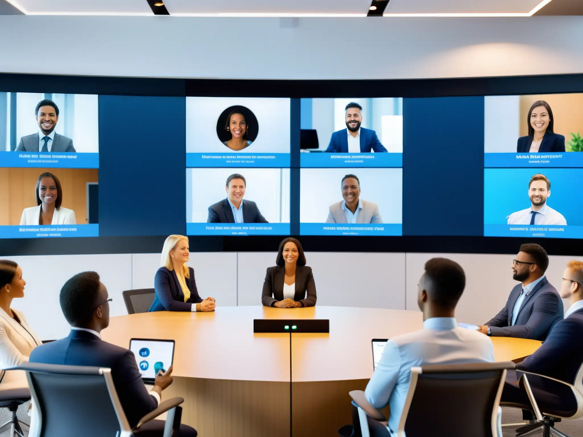 Videoconferencia segura: Profesionales colaborando con tecnología avanzada Grupo de profesionales en videoconferencia segura, colaborando en un entorno profesional y tecnológico