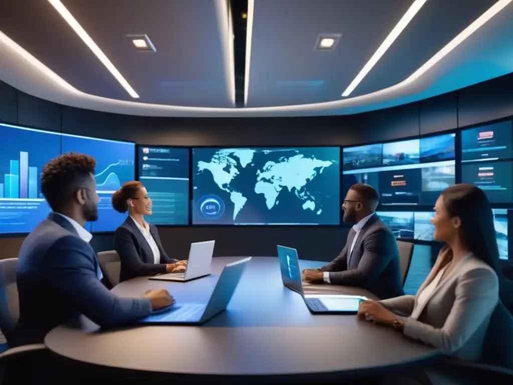 Conferencia 5G: Estrategias empresariales en 8K Un grupo de profesionales en una videoconferencia segura, discutiendo estrategias de negocios con pantallas 8K