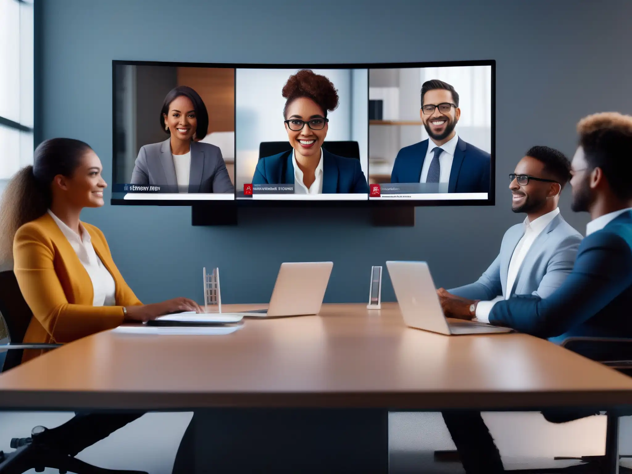 Videoconferencia profesional: intensa discusión virtual Grupo de profesionales en videoconferencia virtual, con tecnología avanzada y ambiente profesional