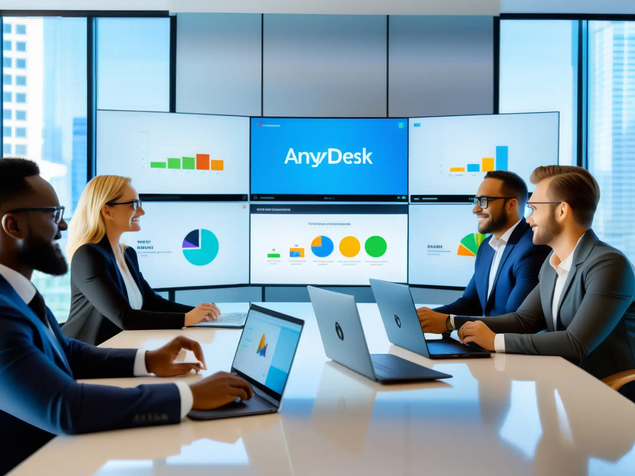 Videoconferencia profesional en AnyDesk Un grupo de profesionales en videoconferencias con AnyDesk, colaborando en proyectos en una oficina contemporánea iluminada por luz natural