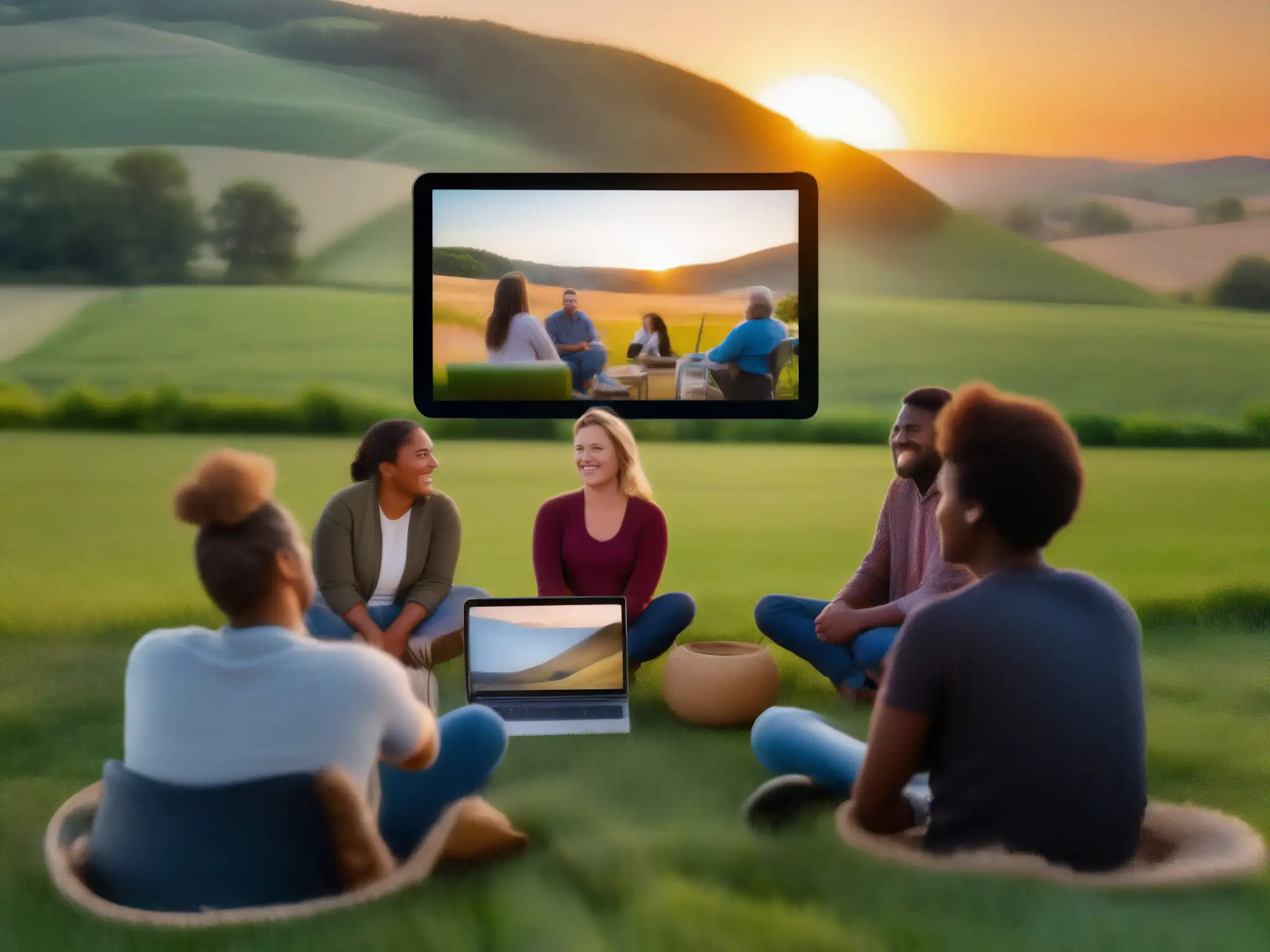 Conexión rural: Videoconferencia al atardecer Un grupo de residentes rurales se reúne en círculo al aire libre, con una videoconferencia en el centro