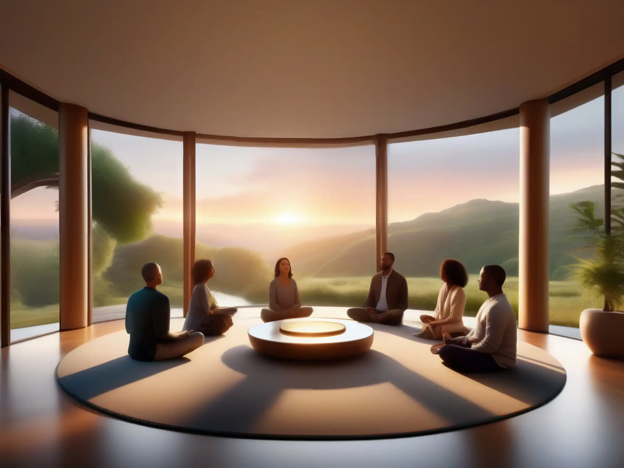 Sesión de mindfulness en sala moderna con vista natural Grupo practicando técnicas de mindfulness en videoconferencia en una moderna sala con vista a la naturaleza serena al amanecer