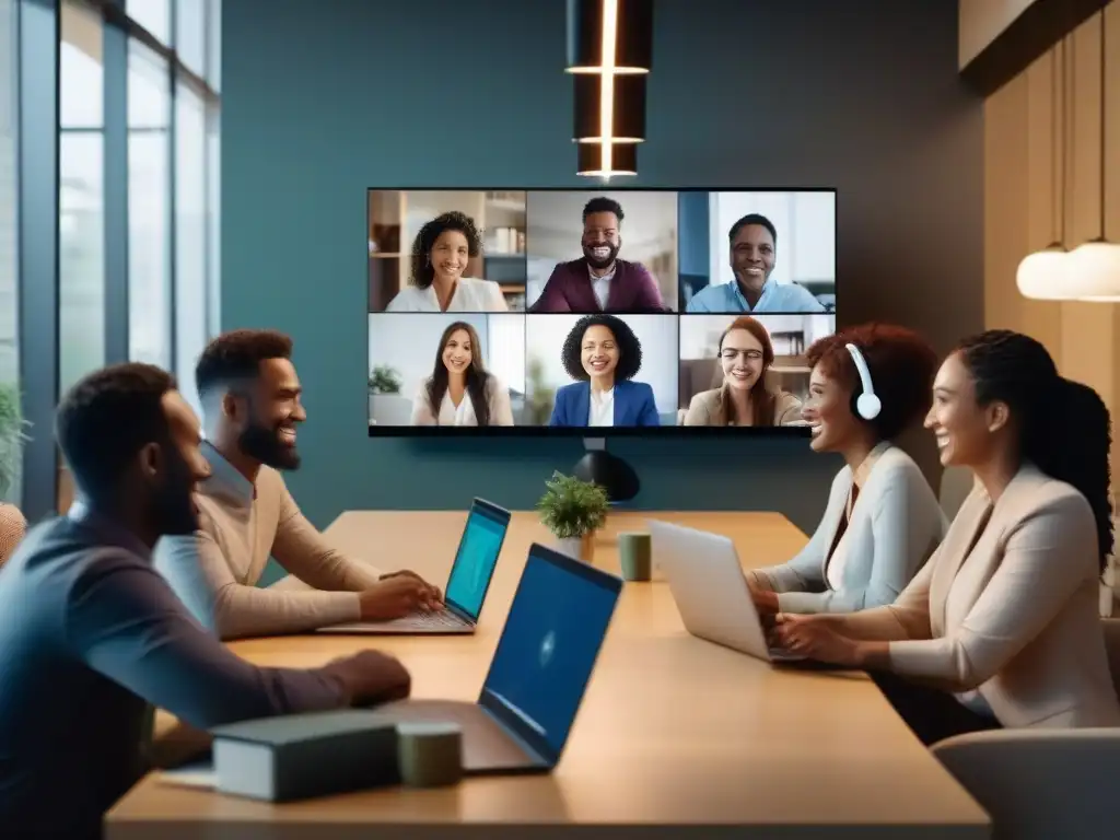 Videoconferencia: Conexión y Expresiones en Diversos Escenarios Grupo variado en videoconferencia, mostrando calidad HD y conexión fluida