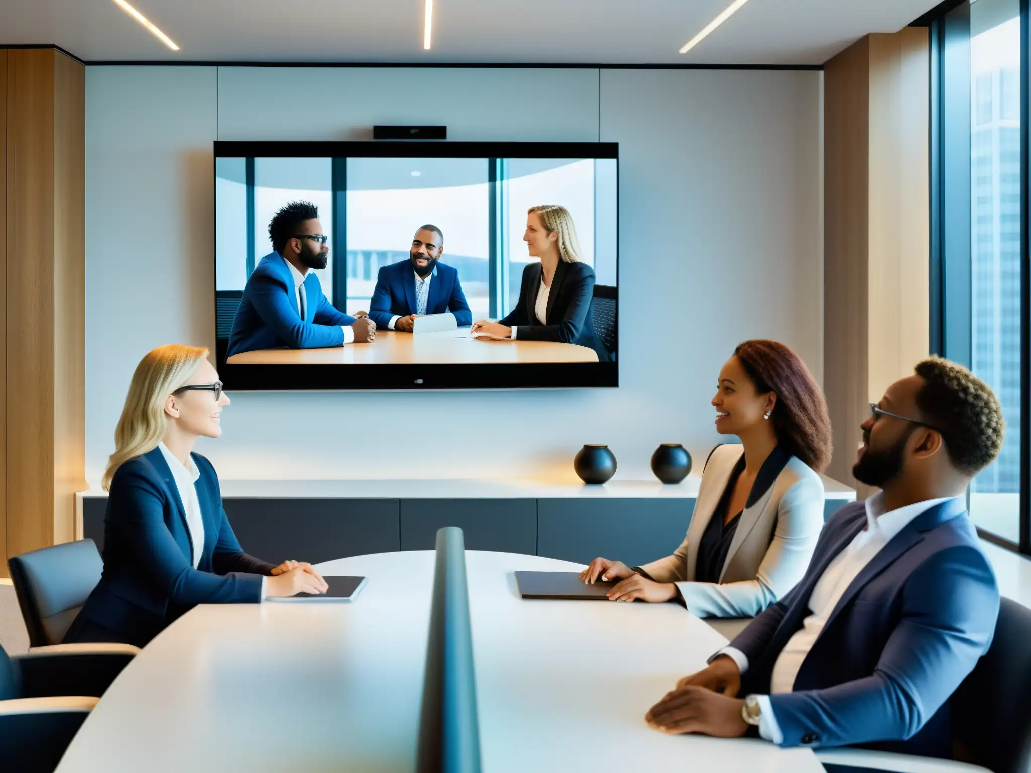 Conferencia virtual de alto impacto: detalle excepcional Grupo en videoconferencia con alta resolución y ambiente profesional
