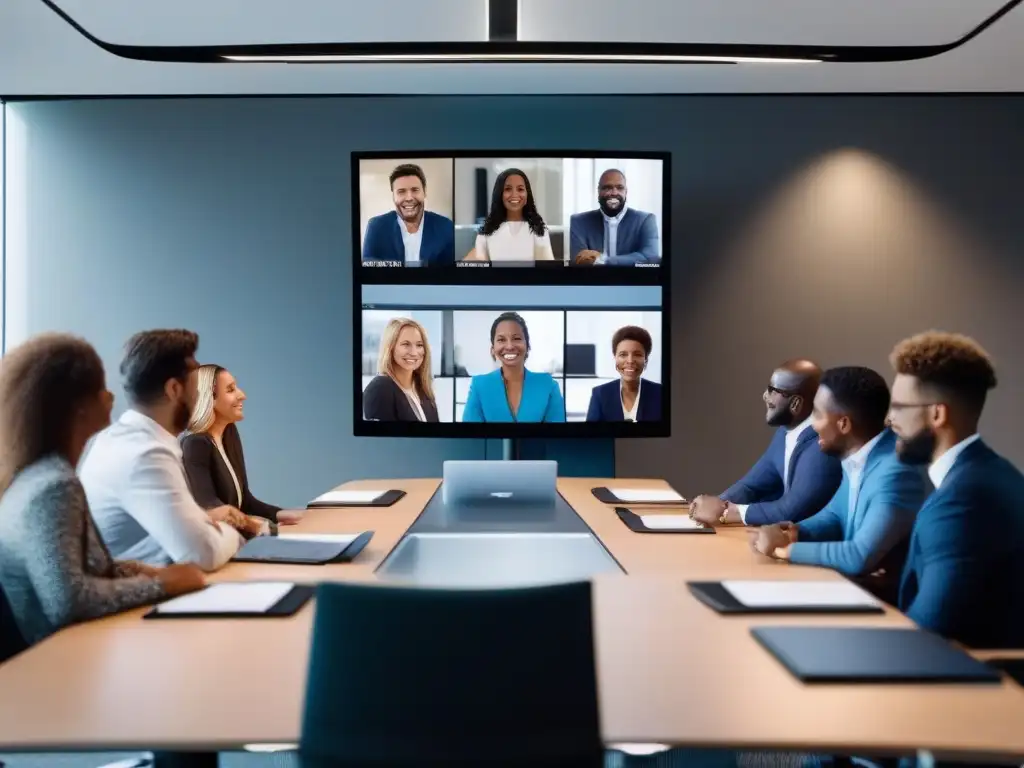 Conferencia 5G en Pantalla Curva 8K Grupo en videoconferencia 5G, el impacto de las bandas de frecuencia en la calidad, entorno profesional y tecnológico
