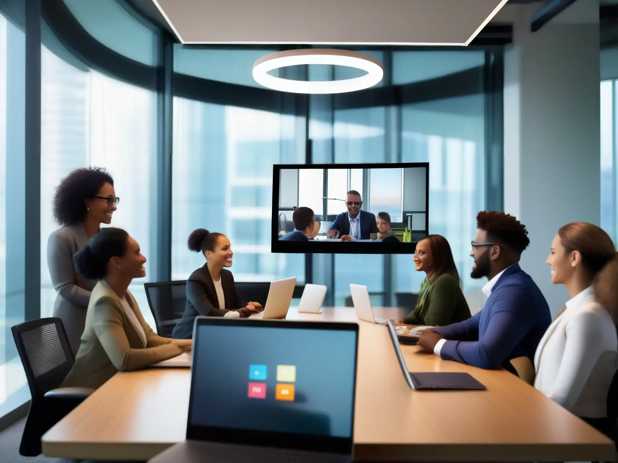 Videoconferencia productiva en entorno moderno Un grupo colaborando en una videoconferencia de alta definición