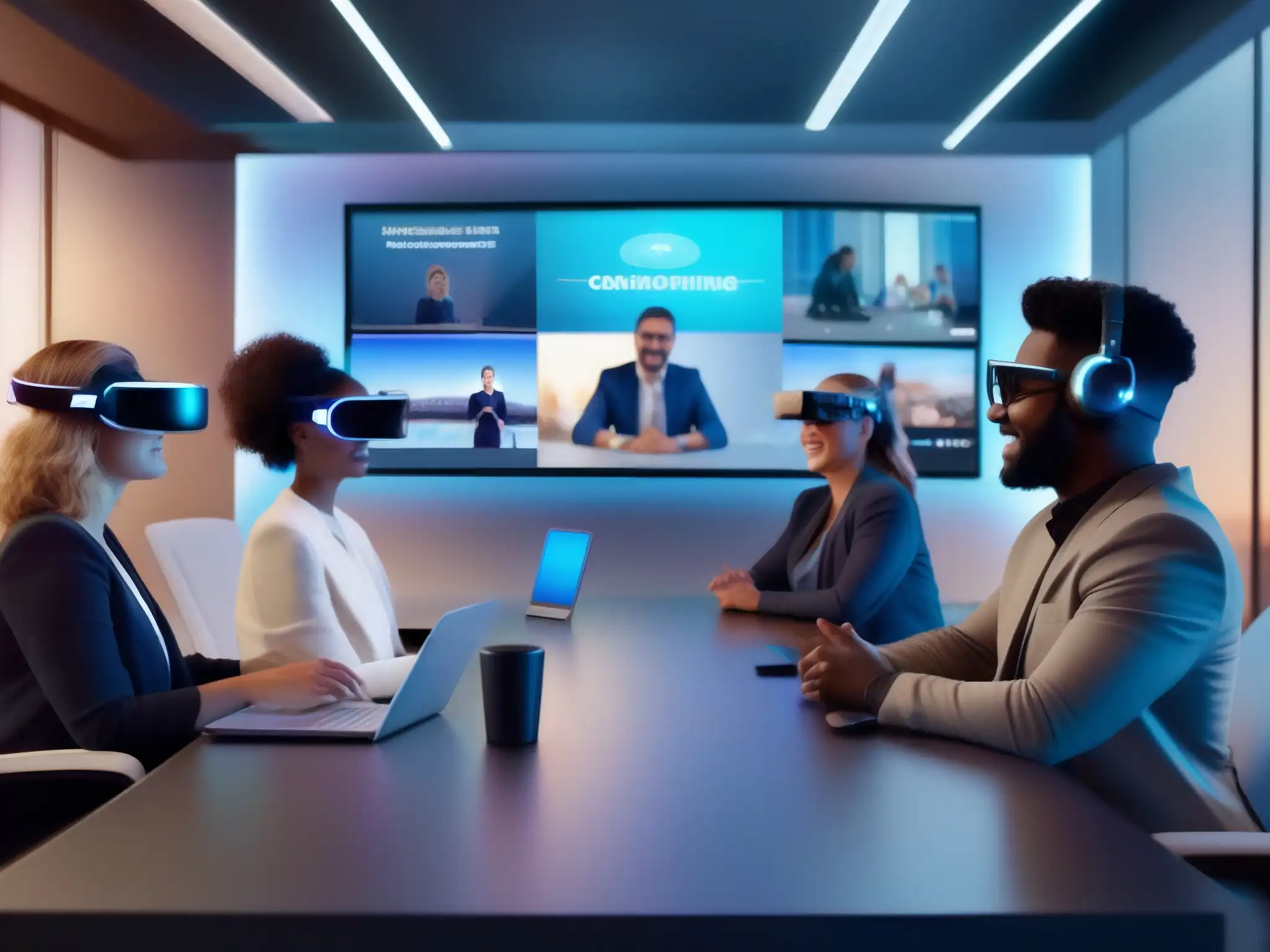 Conferencia virtual de realidad aumentada: diversidad e inclusión Grupo participa en videoconferencias inclusivas en Realidad Aumentada, con tecnología futurista y ambiente profesional