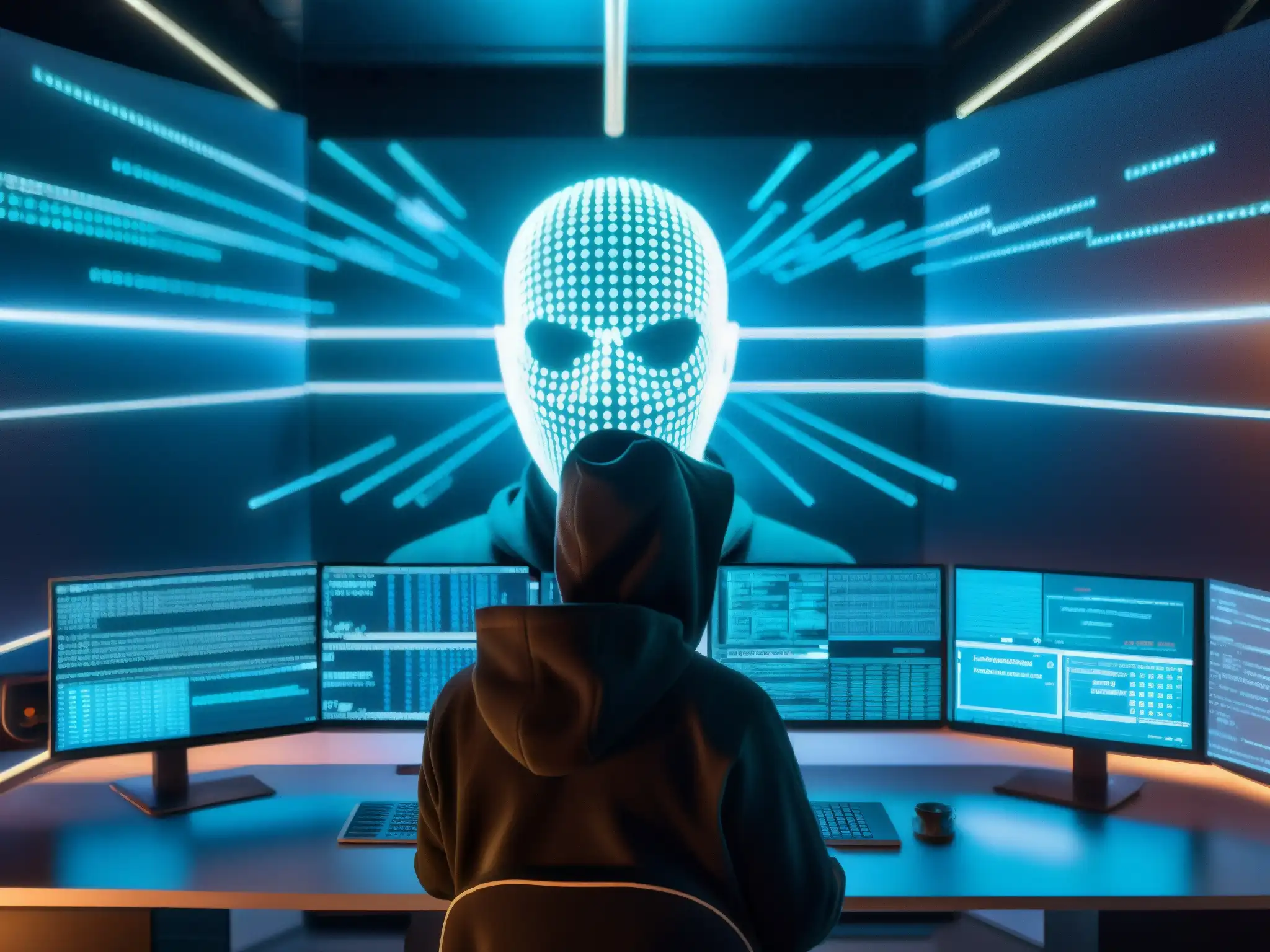 Hacker en la oscuridad: Vulnerabilidad en videoconferencias Un hacker en un cuarto oscuro rodeado de pantallas, proyectando código y datos, representa vulnerabilidades datos plataformas videoconferencia
