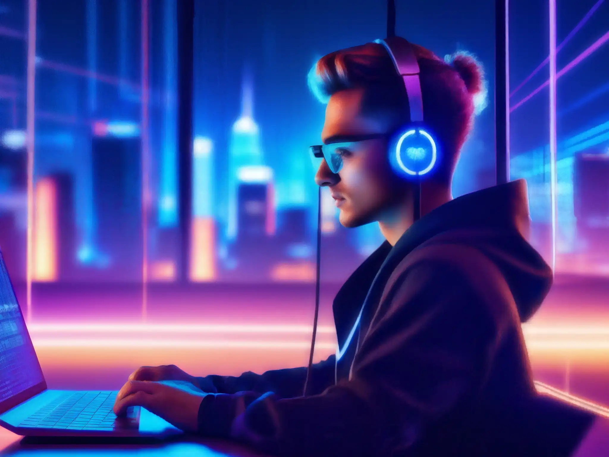 Hacker ciberpunk manipula código en pantalla Un hacker determinado codifica en un entorno cyberpunk, con líneas de código y una ciudad digital al fondo