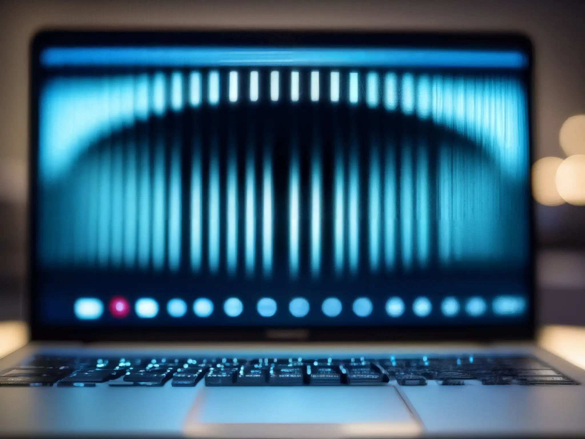 Imagen impactante de hacker en webcam, amenaza cibernética Un hacker enmascarado se refleja en la lente de una webcam mientras teclea rápidamente