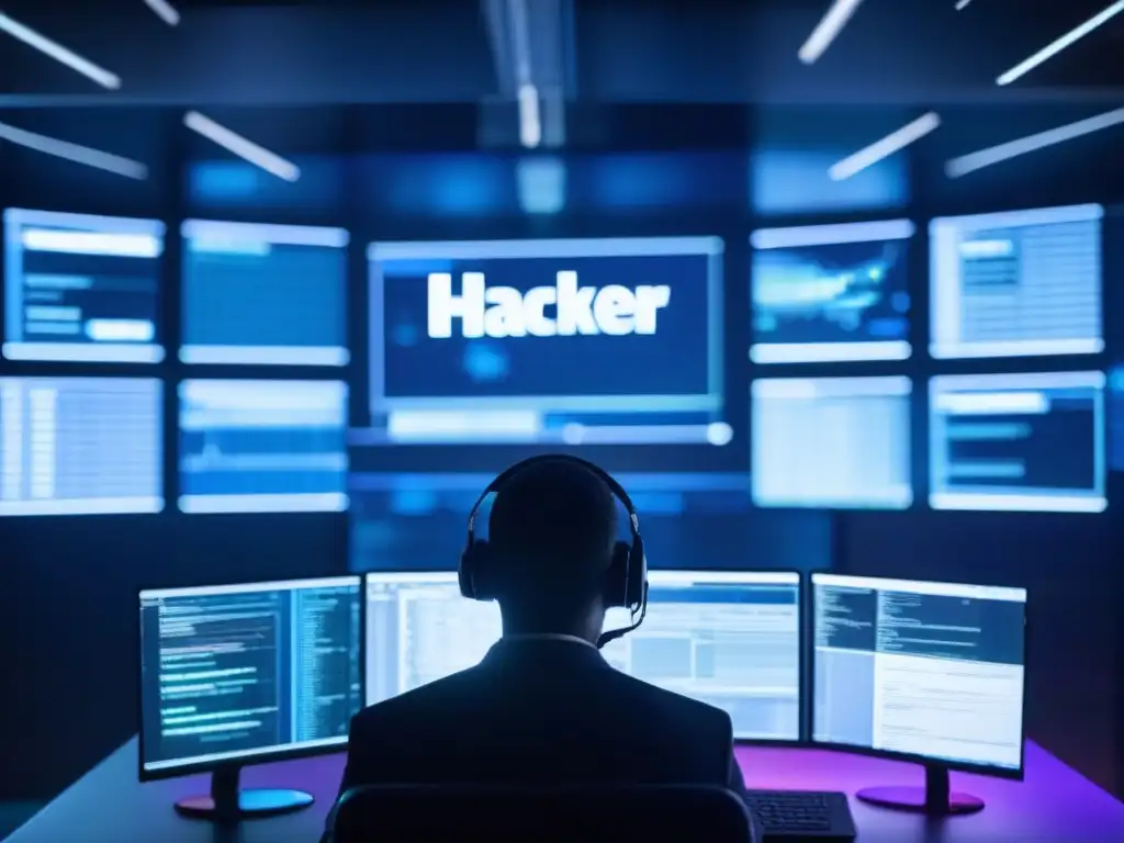 Riesgos de Videoconferencias: Hacker en la Sombra Un hacker en una habitación oscura con líneas de código y alertas de seguridad en pantallas de computadora, mostrando la vulnerabilidad de las videoconferencias