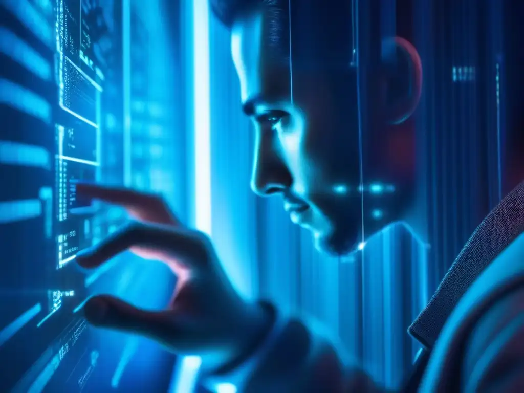 Hacker maestro: manipulando código con sigilo Un hacker manipula líneas de código en un monitor, con un ambiente de alta tecnología y sigilo