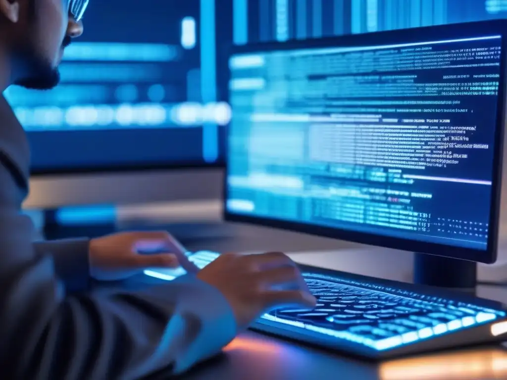 Cyberseguridad futurista: hacker en acción Un hacker tecleando rápidamente en un monitor con líneas de código y alertas de seguridad