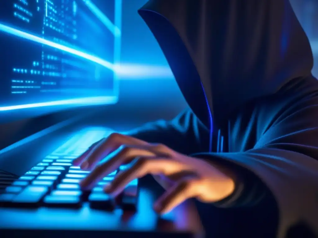 Mano de hacker en la oscuridad listo para atacar Un hacker en la oscuridad con líneas de código reflejadas en sus ojos, preparado para un ataque cibernético