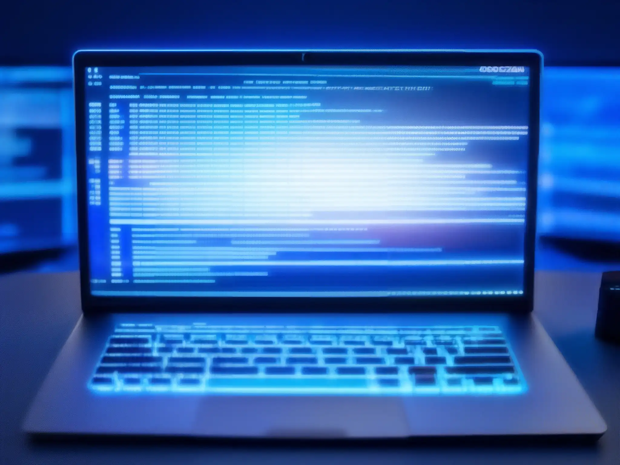 Código de hacker en videoconferencias Un hacker teclea frenéticamente en una pantalla con códigos y herramientas de hackeo, resaltando vulnerabilidades en plataformas de videoconferencia
