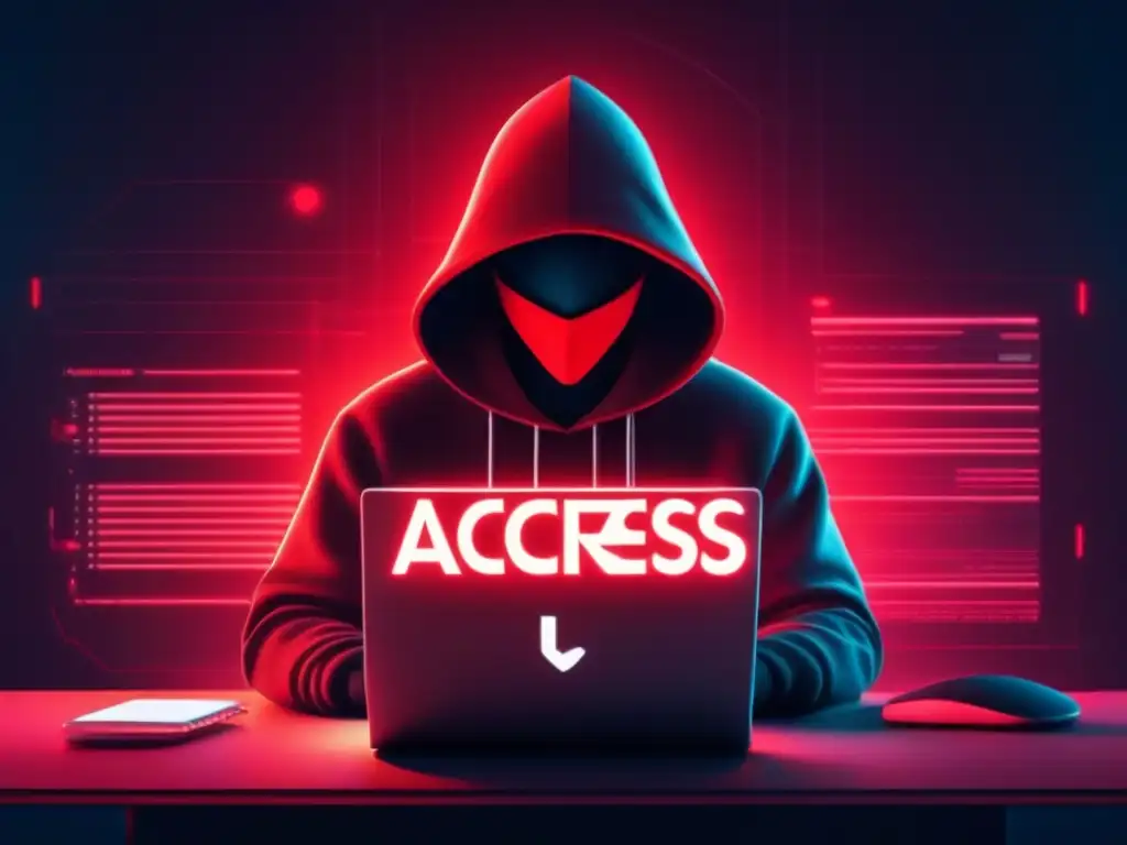 Hacker en acción: Acceso Denegado en 8k Un hacker en la penumbra, tecleando frenéticamente en su computadora mientras códigos y símbolos de seguridad digital lo rodean