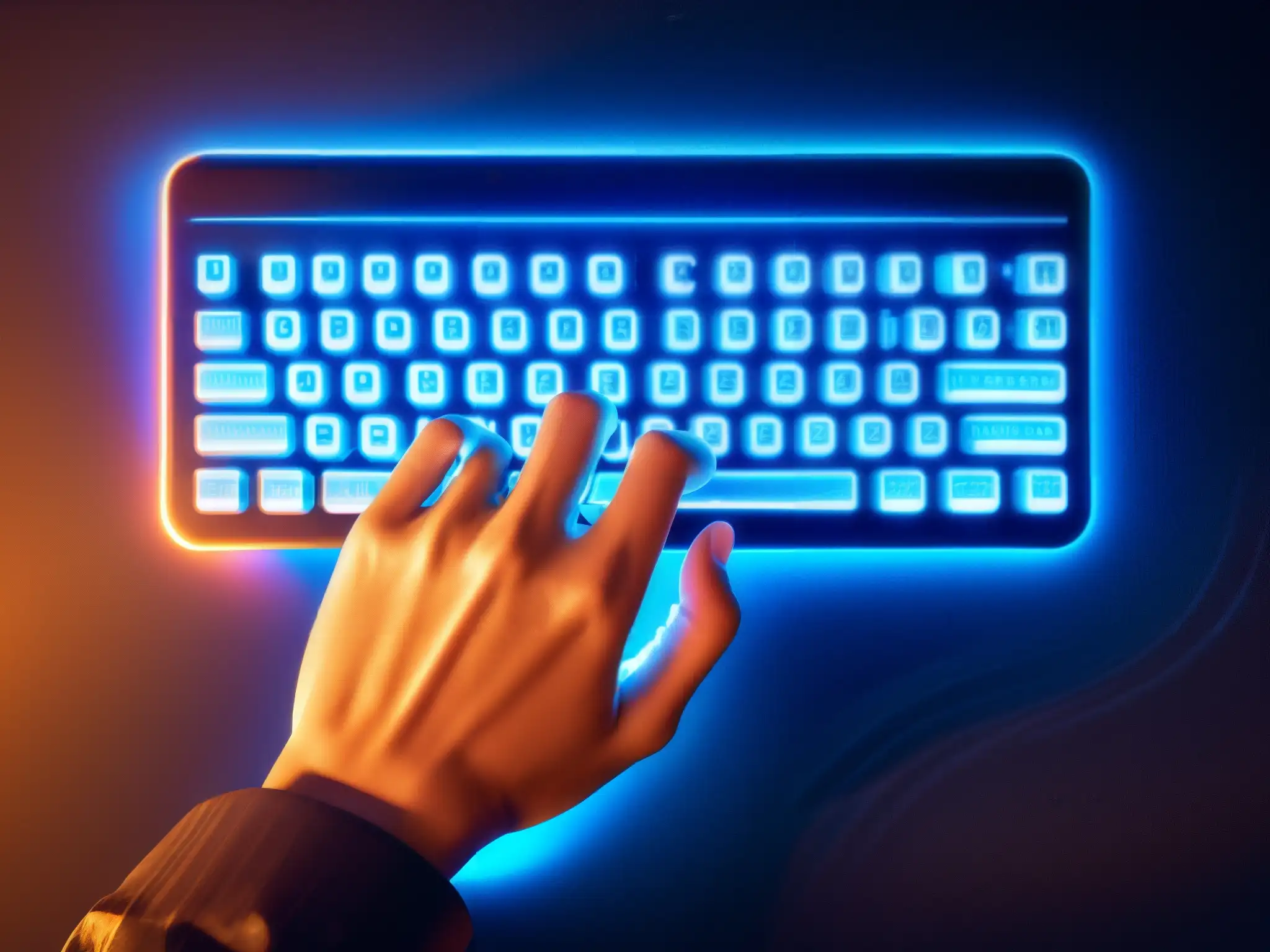 Hacker experto tecleando en un futuro distópico Un hacker teclea en un teclado futurista con líneas de código en la pantalla