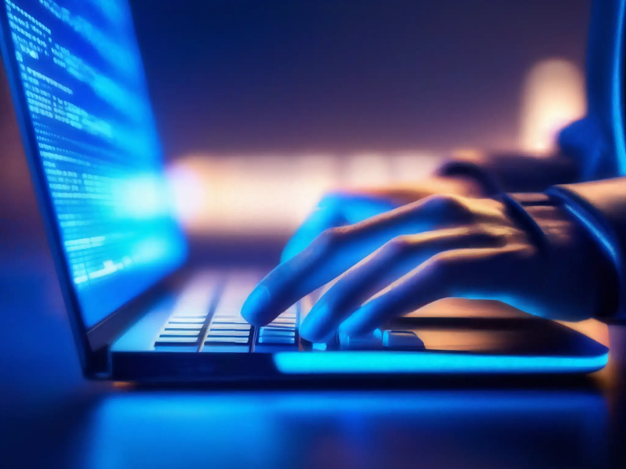 Manos de hacker tecleando en teclado futurista Un hacker teclea rápidamente en un teclado futurista, con líneas de código reflejadas en sus lentes
