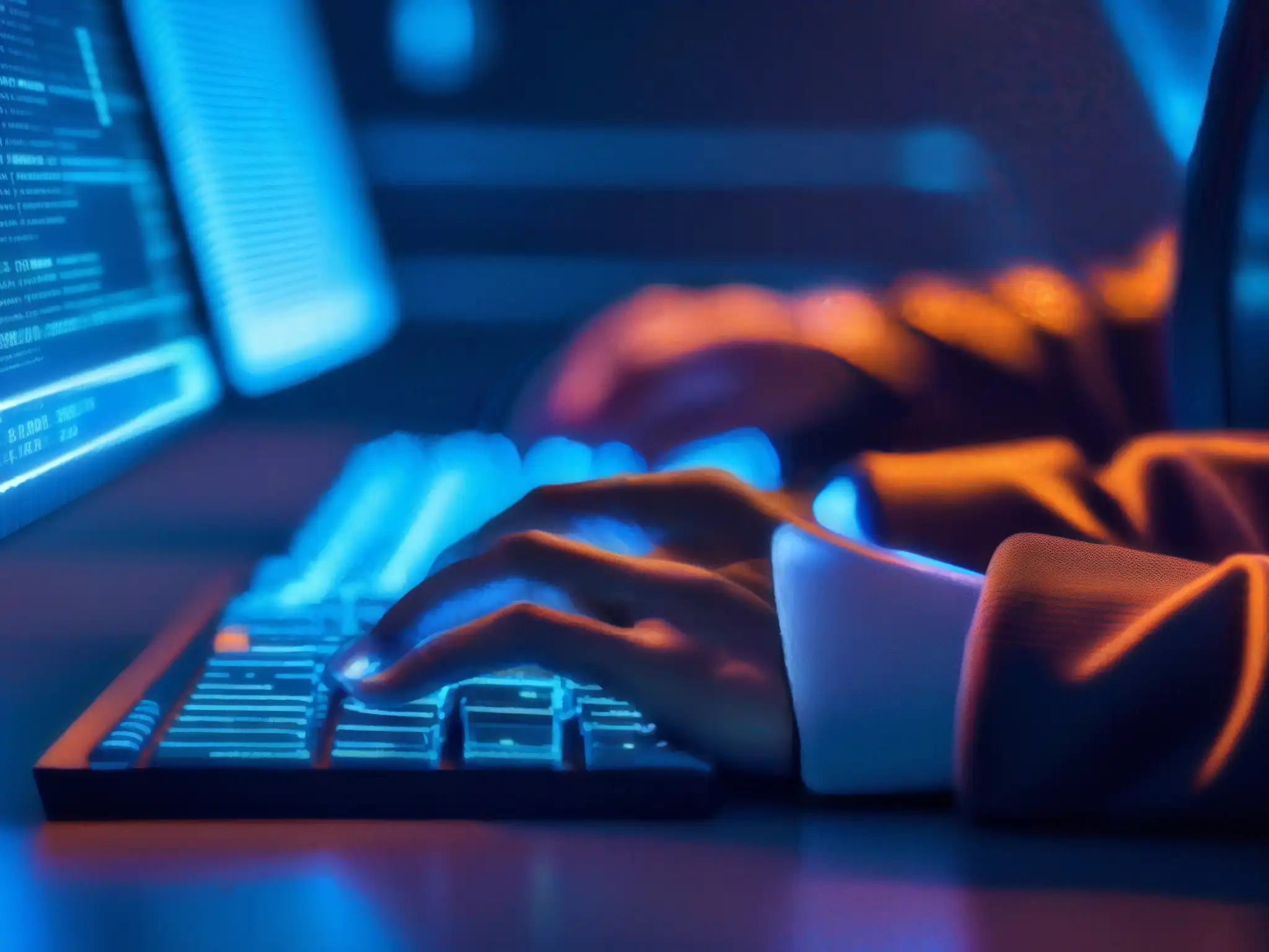 Hackeo frenético: manos ágiles, código en pantalla Un hacker teclea frenéticamente en un teclado futurista, rodeado de líneas de código y pantallas