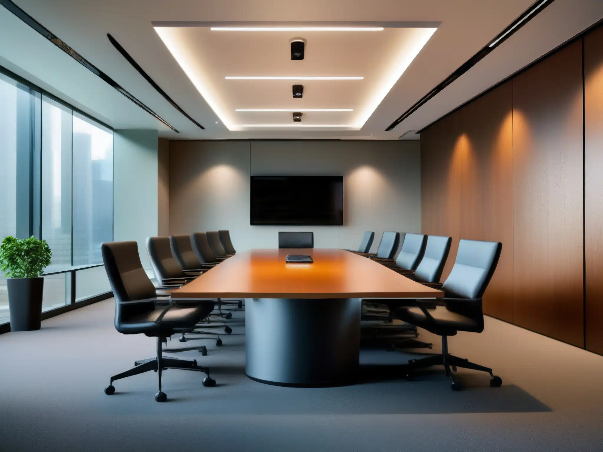 Sala de juntas moderna y sofisticada para videoconferencias Hermosa sala de juntas moderna con herramientas de videoconferencia comparativa profesionales en la mesa, bañada por luz natural