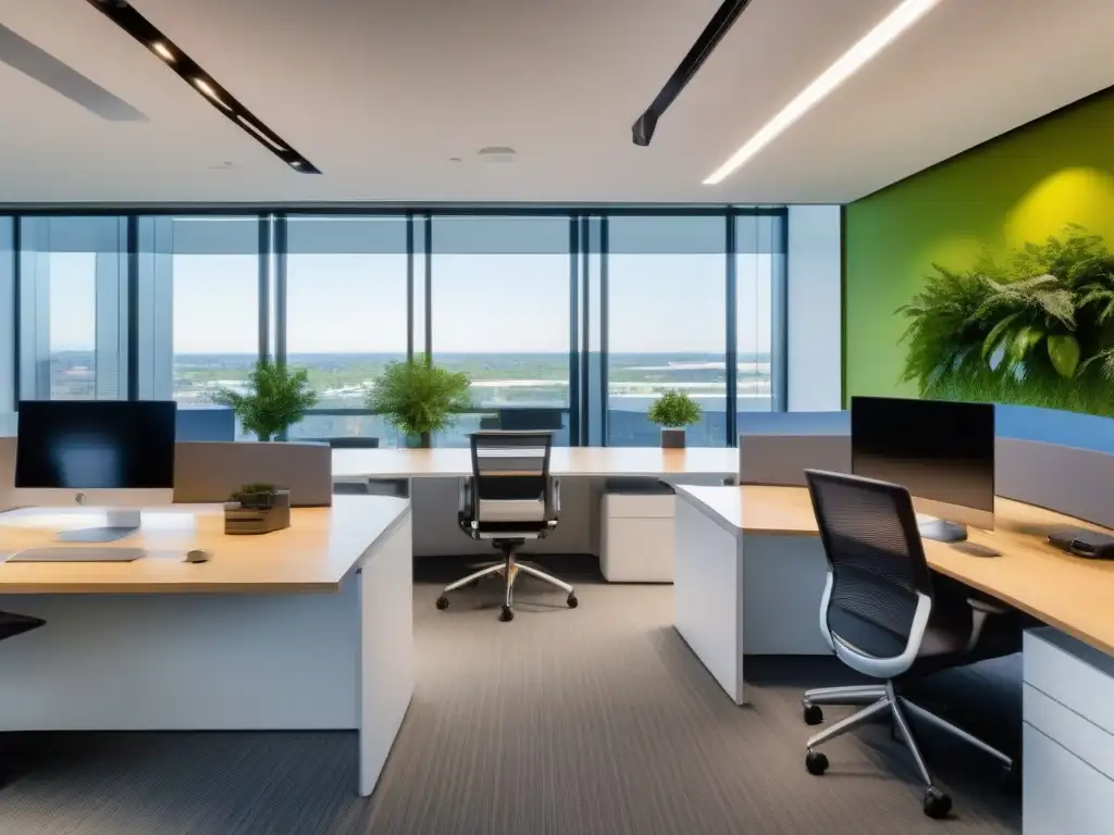Oficina moderna y vibrante para trabajo remoto eficiente Hermoso espacio de oficina moderna con herramientas de videoconferencia para productividad, luz natural y diseño contemporáneo