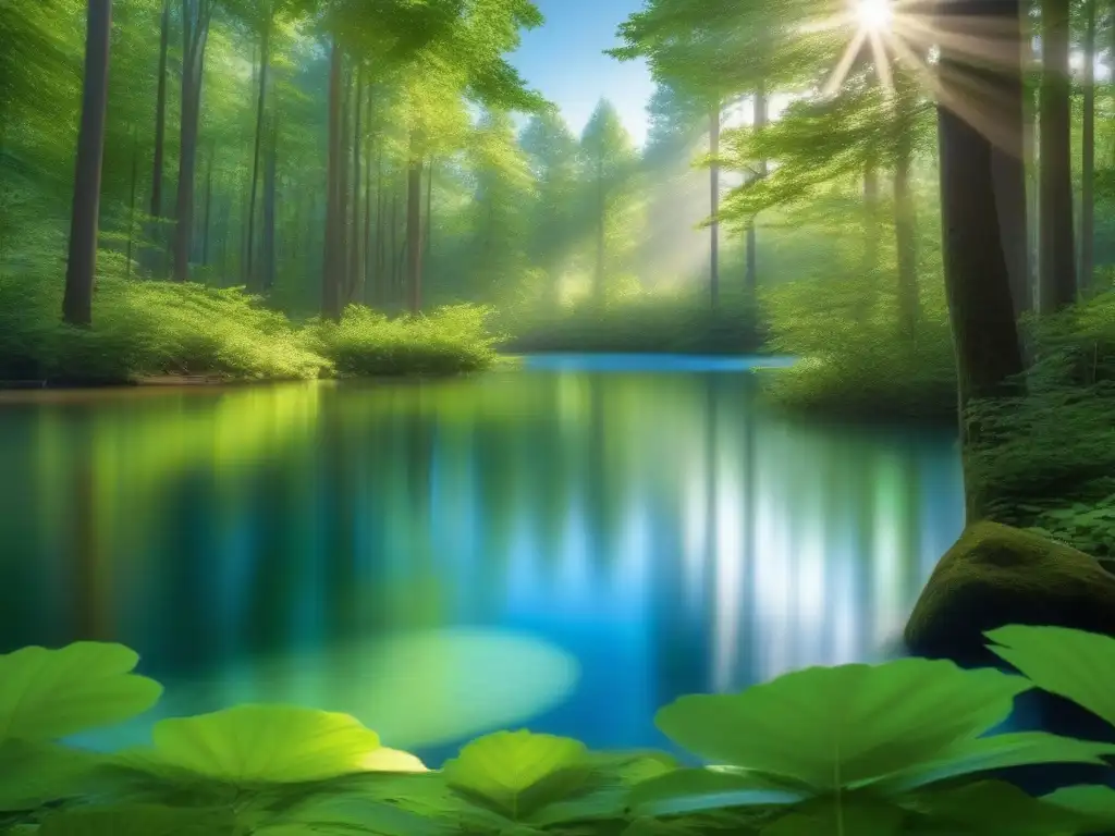 Bosque sereno con estanque reflejando la naturaleza Un hermoso paisaje de bosque con luz solar filtrándose entre las hojas, reflejando en un sereno estanque
