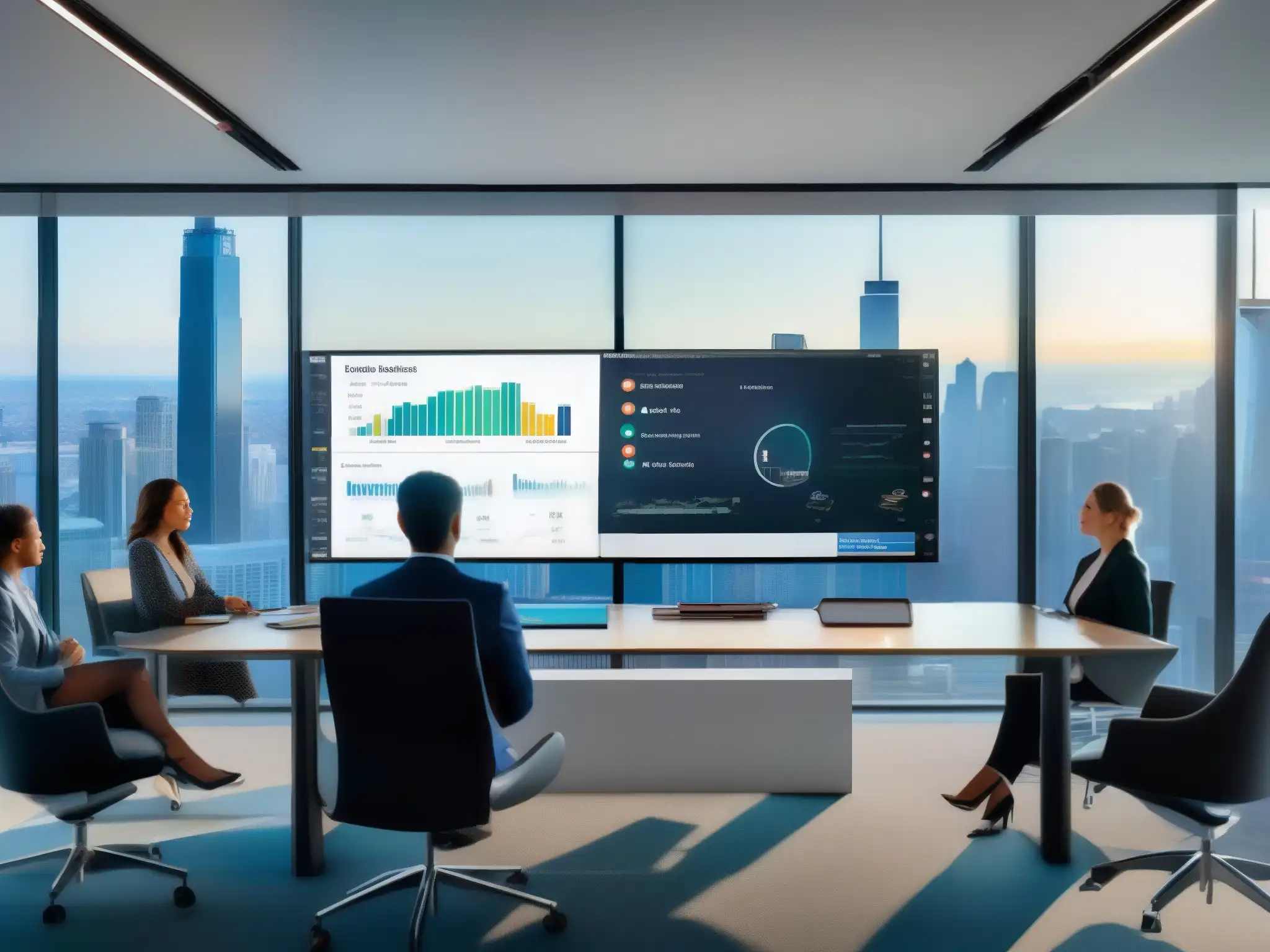 Videoconferencia de alta tecnología: ahorro y eficiencia Una herramienta de videoconferencia rentable comparativa que muestra escenas de una sala moderna y gráficos detallados