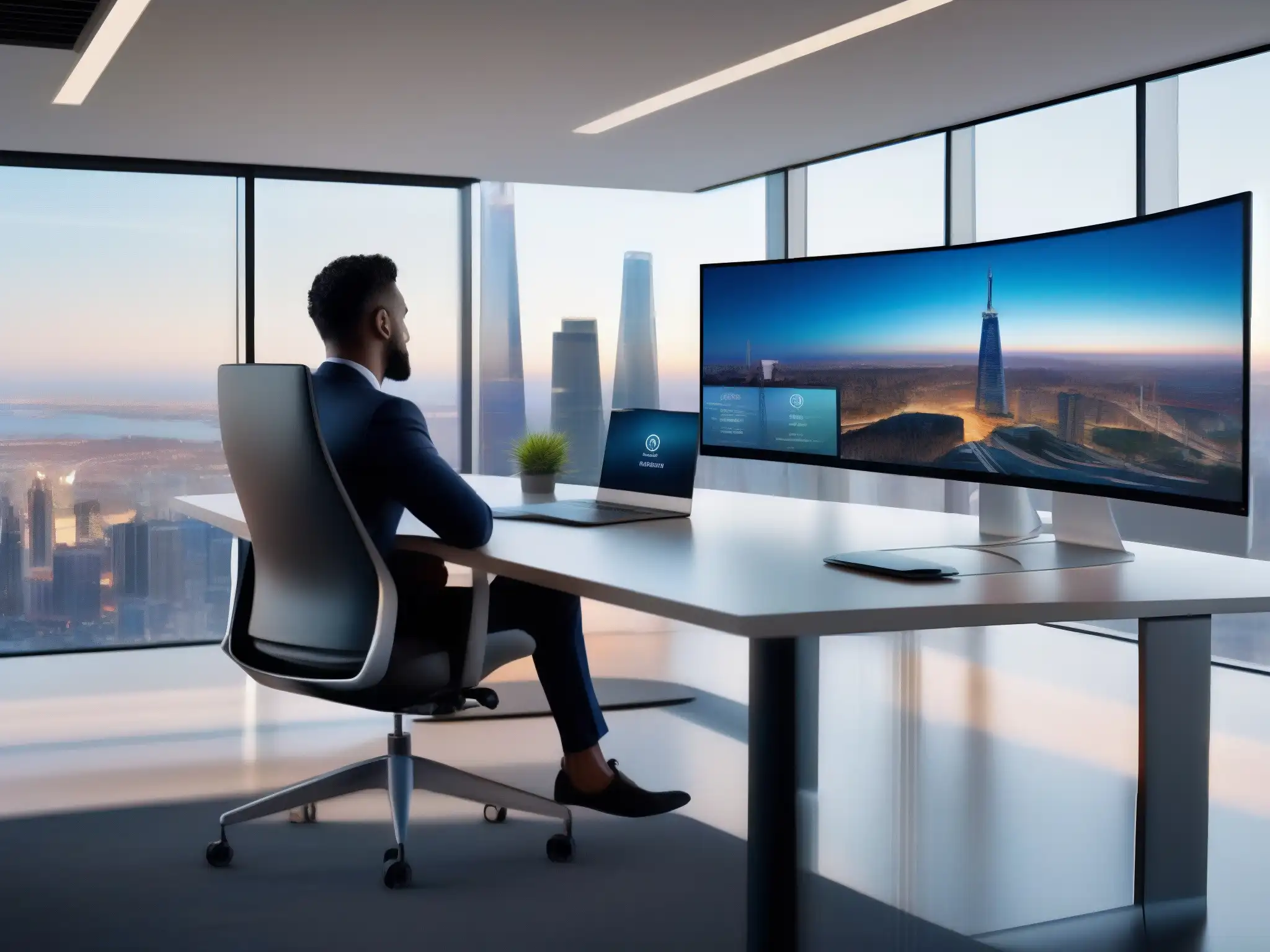 Oficina moderna con vista panorámica, videoconferencia productiva Herramienta de gestión de videoconferencias aumenta la productividad en un moderno entorno de oficina con vista panorámica a la ciudad
