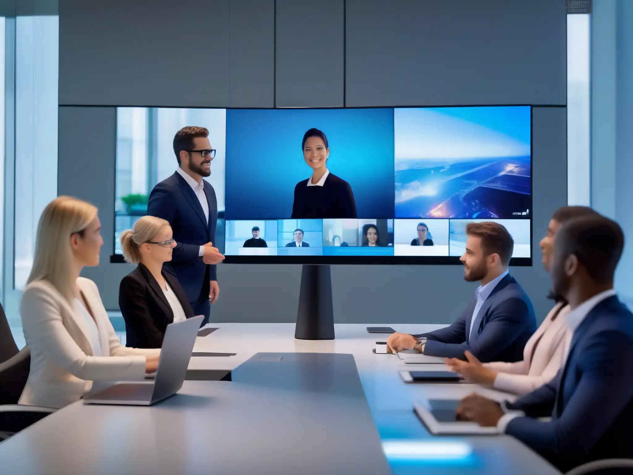 Conferencia virtual de alta tecnología Herramientas videoconferencia internet ultrarrápido: Reunión virtual de profesionales en sala futurista con vista a la ciudad
