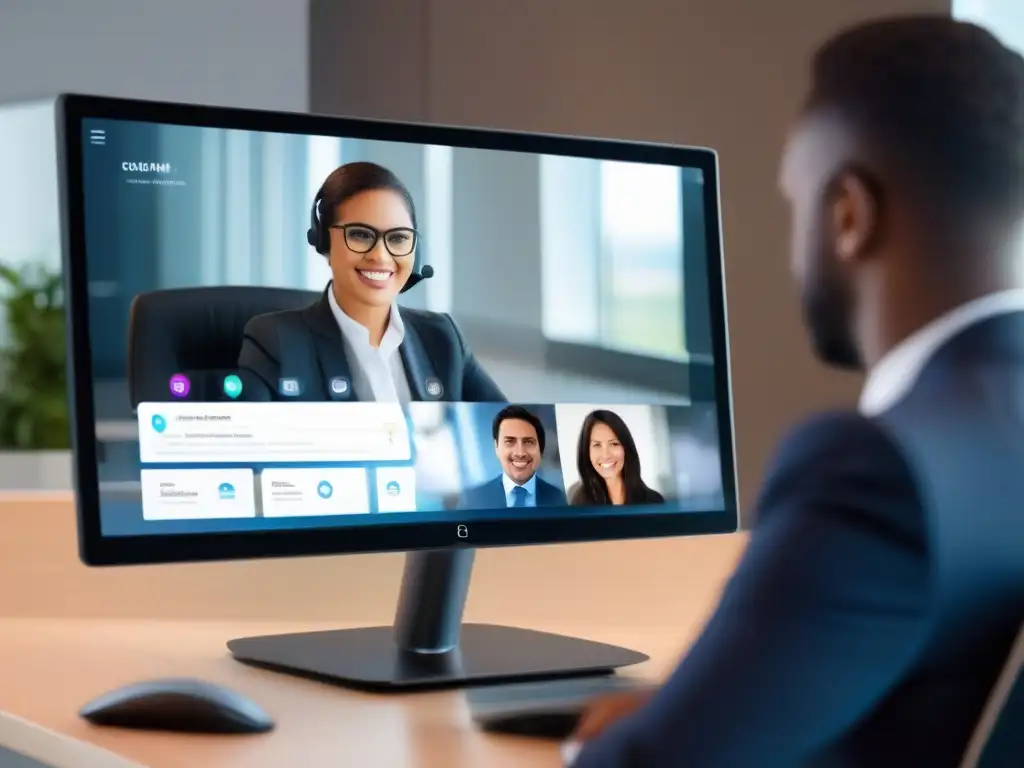 Interfaz de videoconferencia moderna con asistente virtual AI Herramientas de videoconferencia con asistentes virtuales en oficina moderna y sofisticada, para reuniones eficientes y profesionales