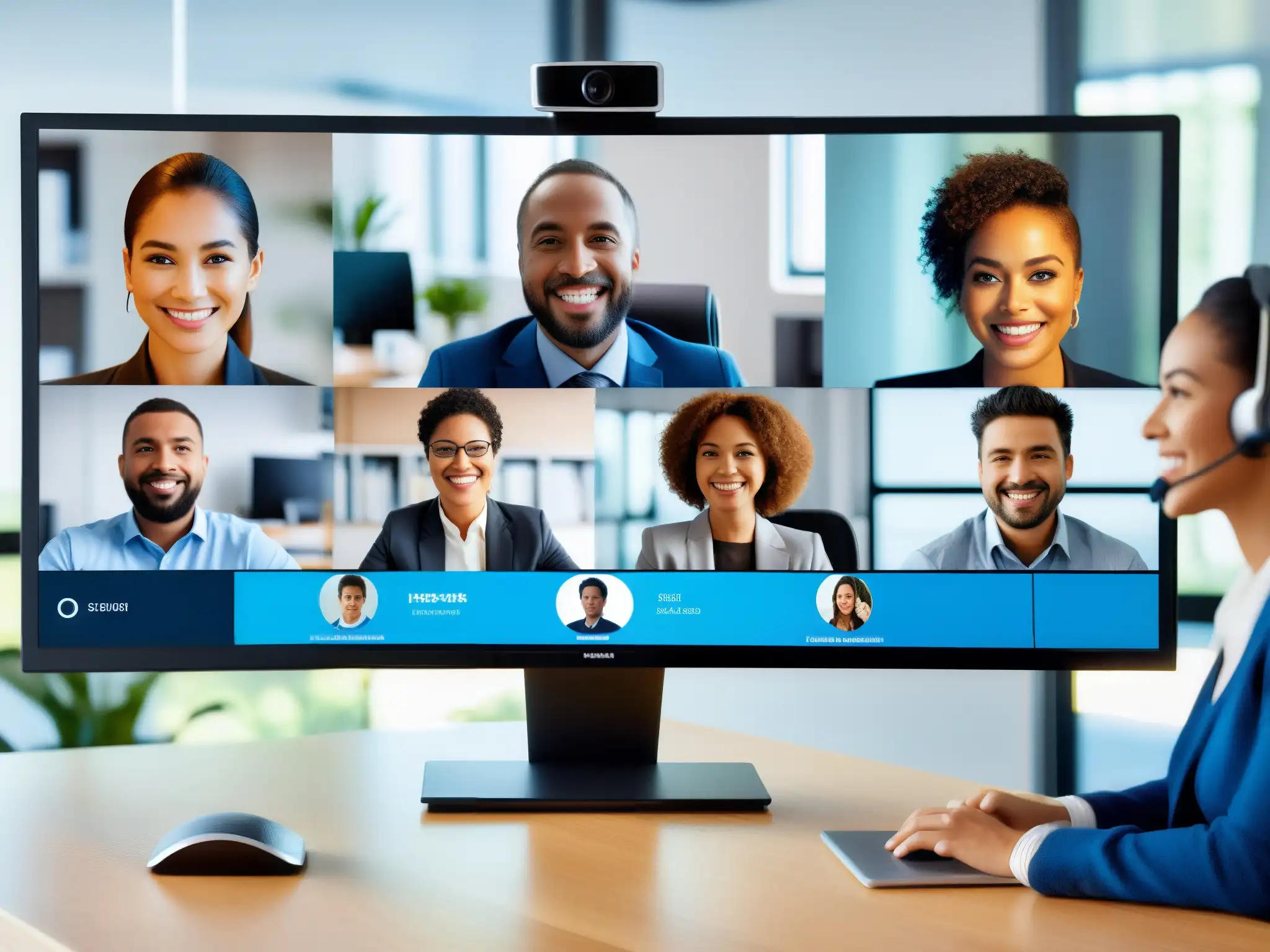 Interfaz de videoconferencia avanzada con virtual assistant Herramientas de videoconferencia con asistentes virtuales en un entorno profesional y sofisticado, mostrando participantes en detalle