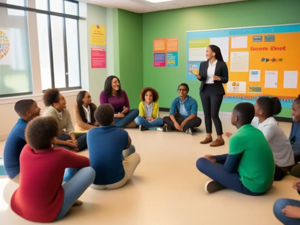 Intercambio vivo en aula colaborativa Herramientas de videoconferencia para aula invertida: Estudiantes colaborando en un aula iluminada, participando en una animada discusión
