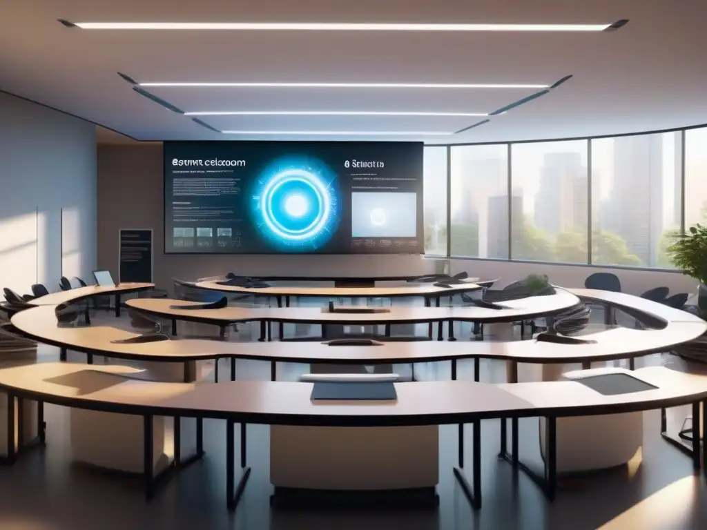 Aula del Futuro: Innovación Educativa con Notion Herramientas de videoconferencia para aulas digitales: Aula moderna con tecnología educativa de vanguardia y diseño futurista