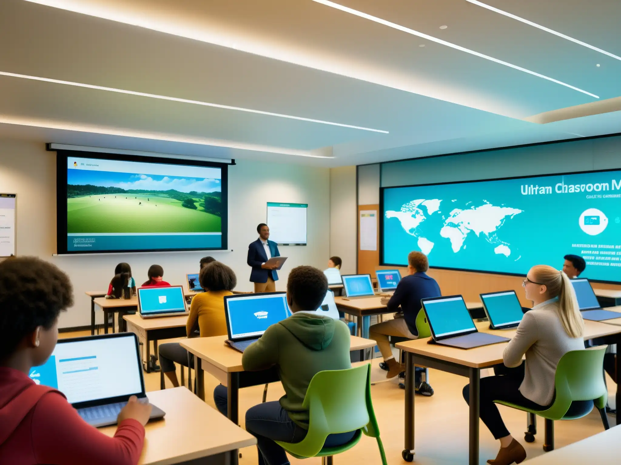 Salón de clases moderno y dinámico con tecnología de vanguardia Herramientas de videoconferencia para aulas digitales: Imagen nítida 8k de aula moderna llena de estudiantes inmersos en actividades interactivas
