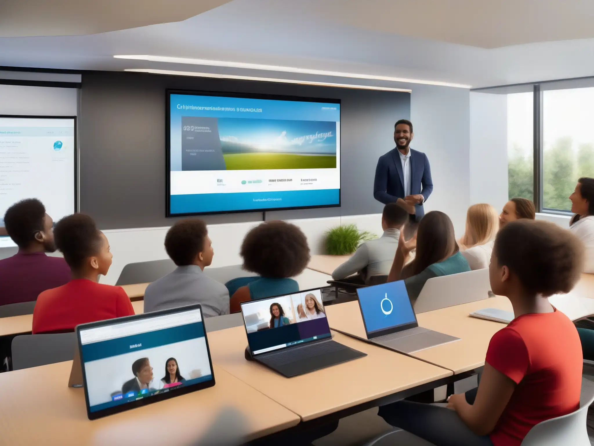 Clase moderna: Videoconferencia y tecnología educativa Herramientas de videoconferencia para clases a distancia en un aula moderna con estudiantes participando en una sesión en línea