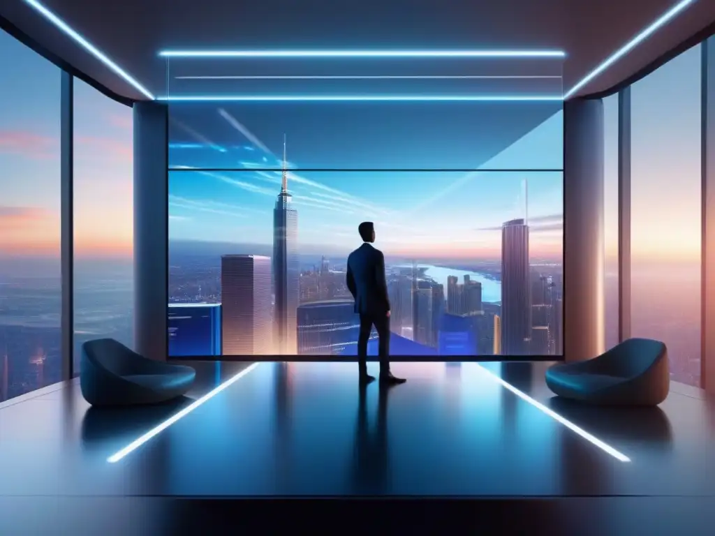 Sala de reuniones virtuales futurista con holograma y ventana panorámica Herramientas videoconferencia 2023 comparativa: Futurista sala de reuniones virtuales con diseño minimalista, hologramas y pantallas digitales integradas en las paredes, iluminación ajustable y vistas panorámicas a la ciudad
