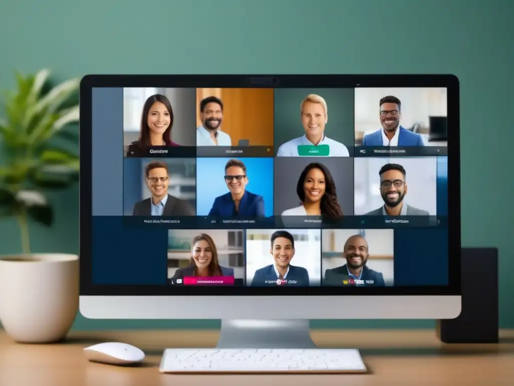 Comparación de Interfaces API para Videoconferencias Herramientas videoconferencia comparativa: Interfaz moderna con funciones de pantalla compartida y chat, en dispositivos contemporáneos