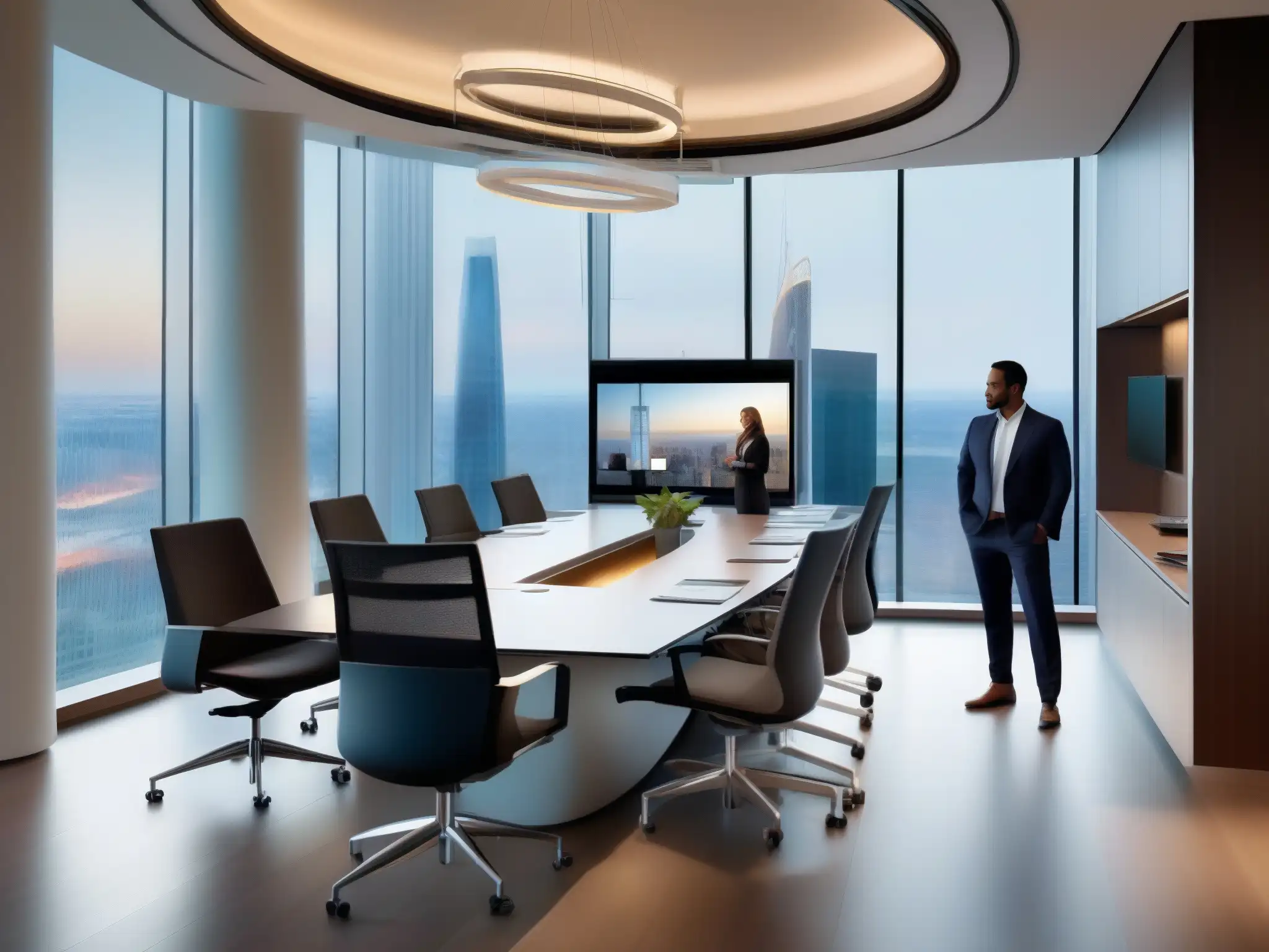 Sala de conferencias elegante con vista a la ciudad y videoconferencia Herramientas videoconferencia para consultoría en elegante sala de reuniones con vista a la ciudad y modernos muebles