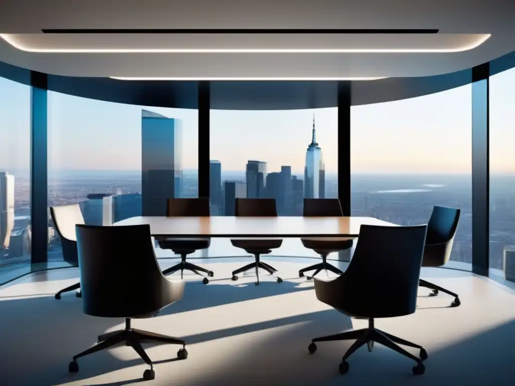 Sala de videoconferencias futurista con vistas a la ciudad Herramientas videoconferencia para consultoría en moderna sala con vista panorámica y tecnología de vanguardia