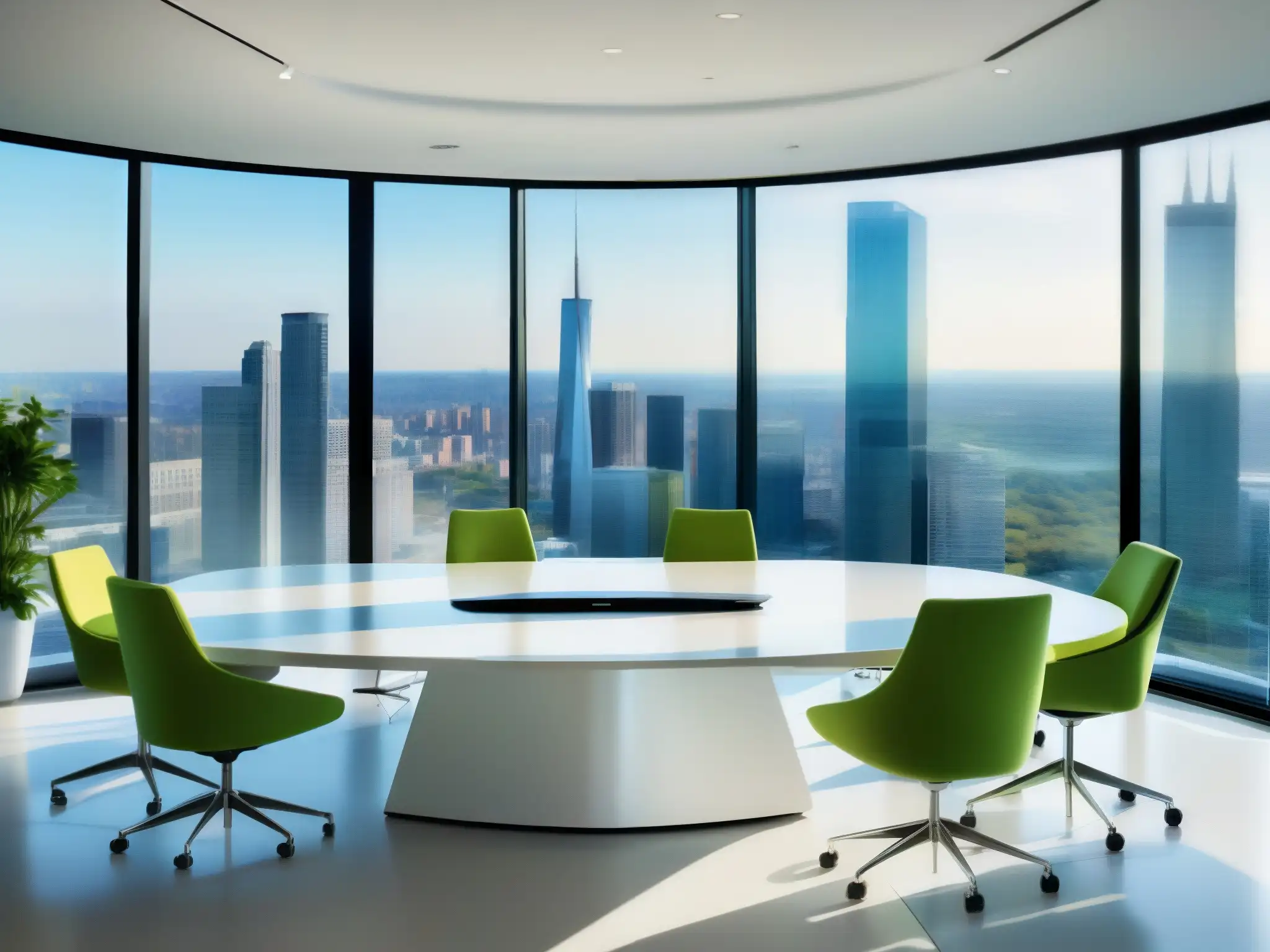 Sala de conferencias moderna con tecnología de vanguardia y vistas a la ciudad Herramientas de videoconferencia para empresas en una sala de juntas moderna con vistas a la ciudad y un ambiente profesional y dinámico