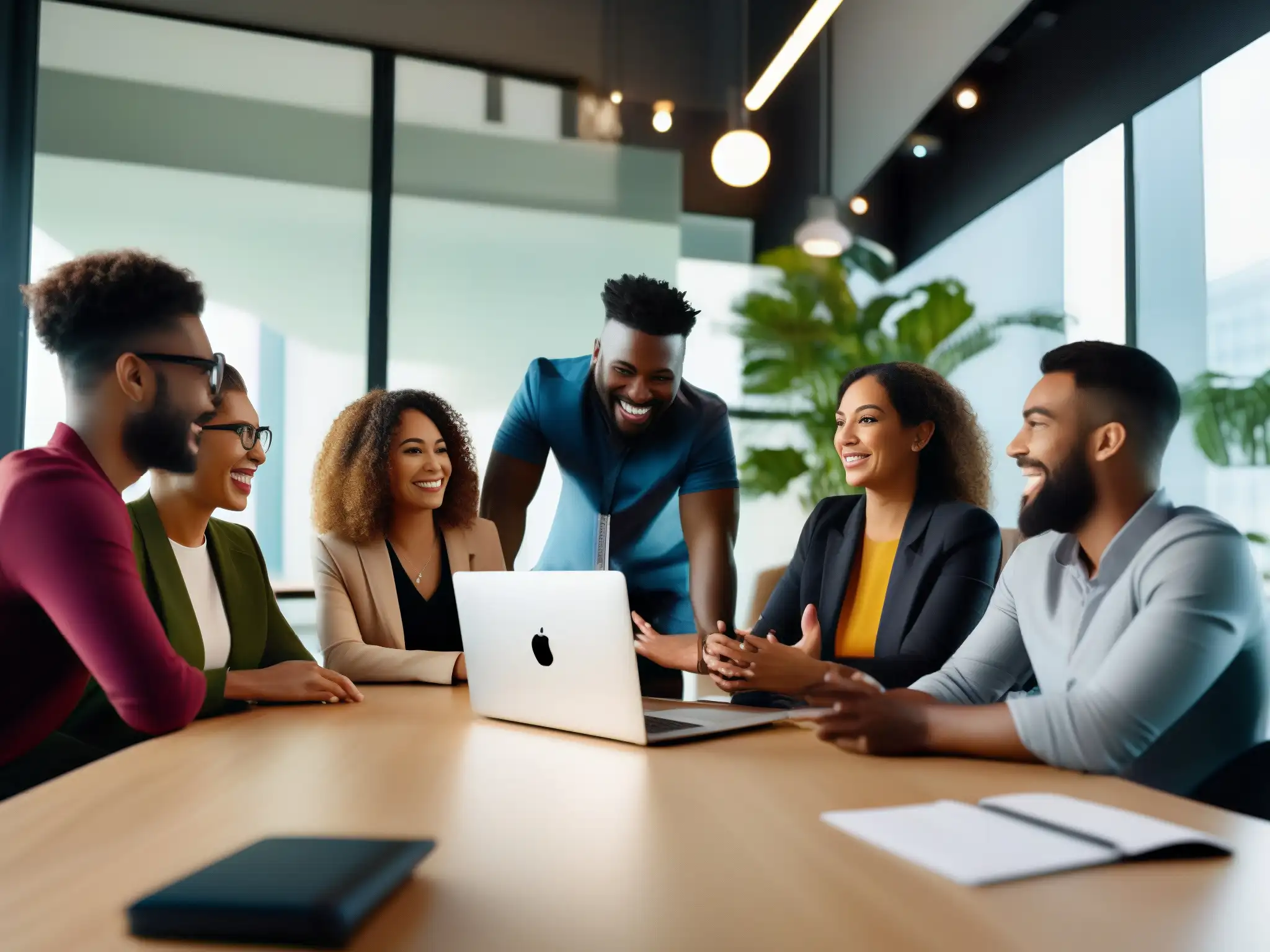 Comunicación multicultural vibrante en Viber Herramientas de videoconferencia para equipos multiculturales: Profesionales diversos en una animada reunión, comunicación fluida y colaborativa