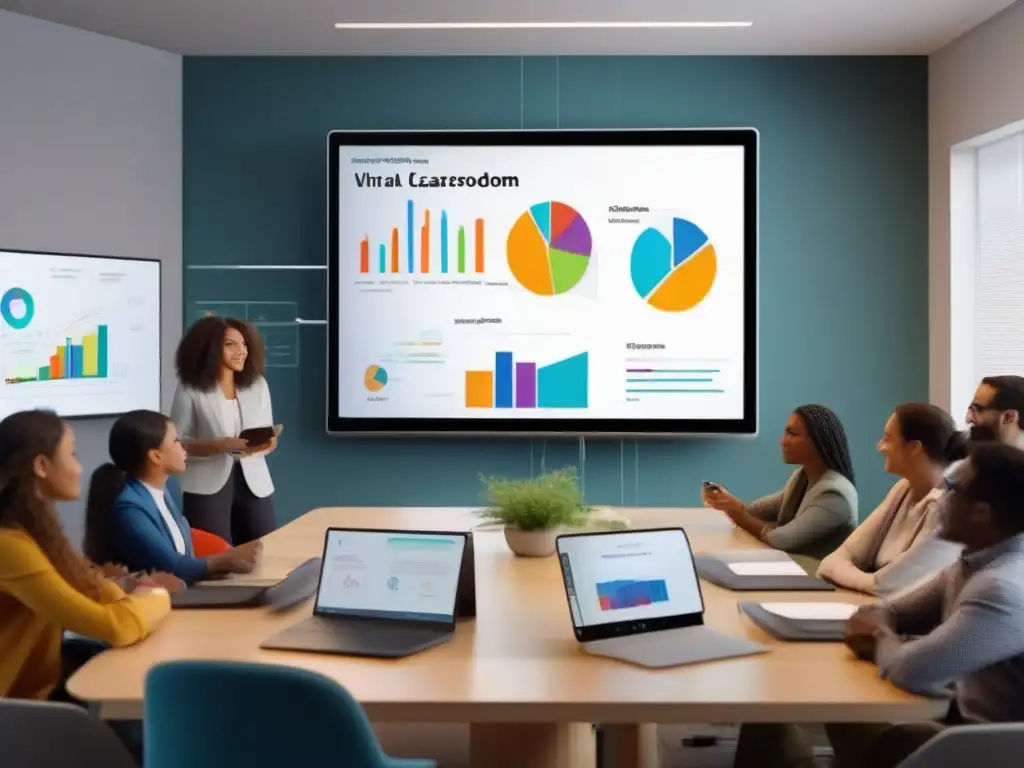 Aula virtual interactiva con tecnología 8k Herramientas de videoconferencia para grupos pequeños en un aula virtual moderna con alumnos diversos participando en discusión y colaboración