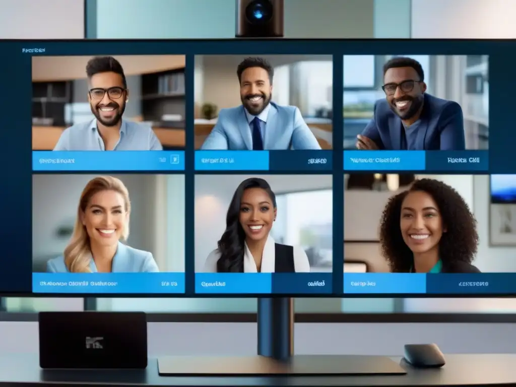 Comparativa videoconferencias 8K: Zoom, Skype, Teams, Google Meet Cuatro herramientas de videoconferencia en acción, demostrando las mejores prácticas para videoconferencias sin pérdidas