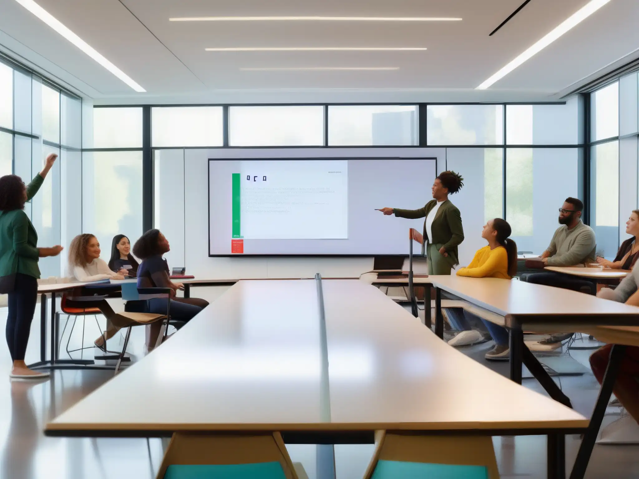 Aula innovadora con pizarra digital interactiva y colaboración estudiantil Herramientas de videoconferencia para educación: Aula moderna con tecnología de vanguardia y estudiantes participativos en discusión animada