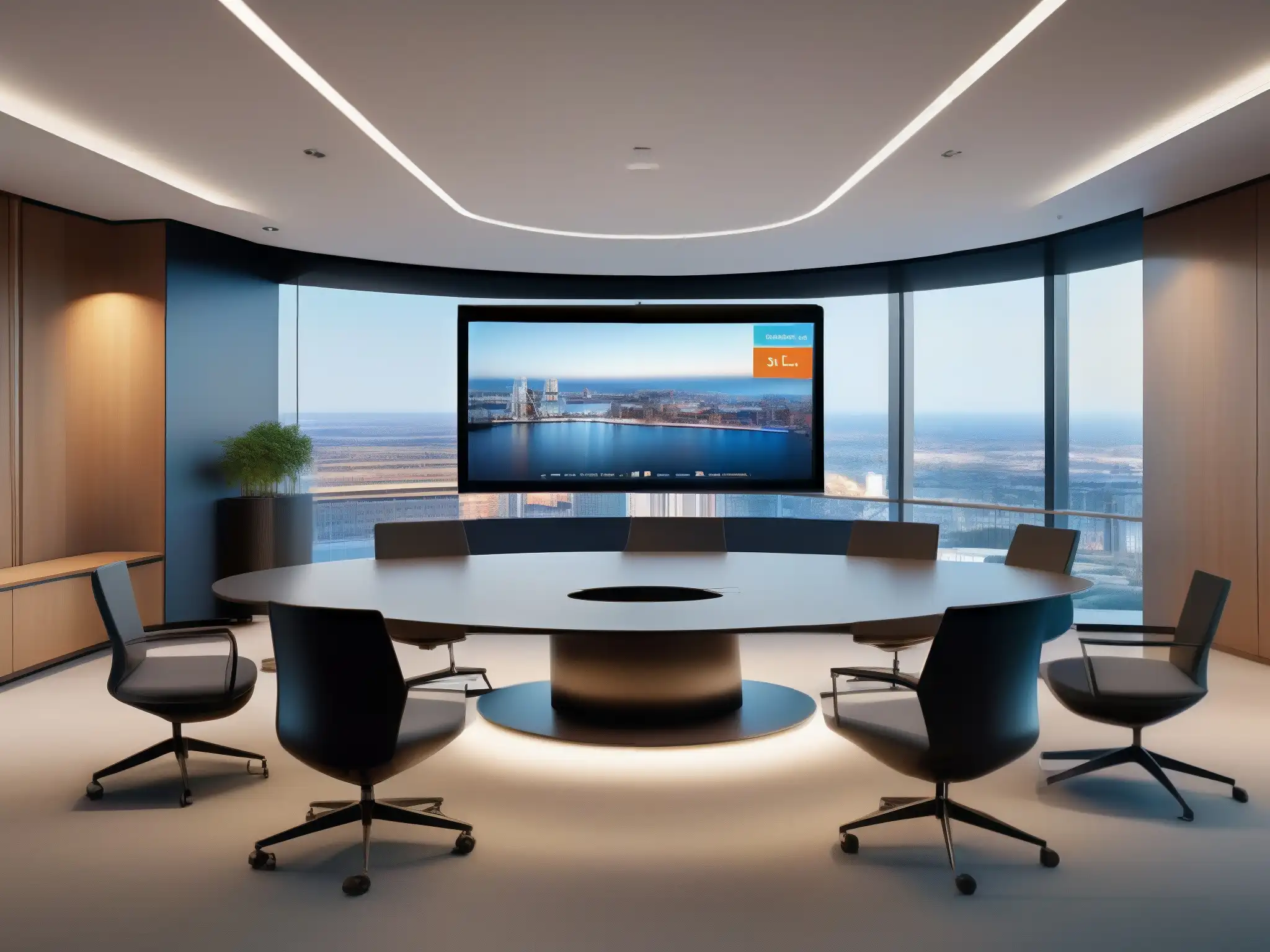 Videoconferencia profesional con vista panorámica Herramientas de videoconferencia en la nube: Sala de videoconferencias moderna y profesional con una vista panorámica y elegante