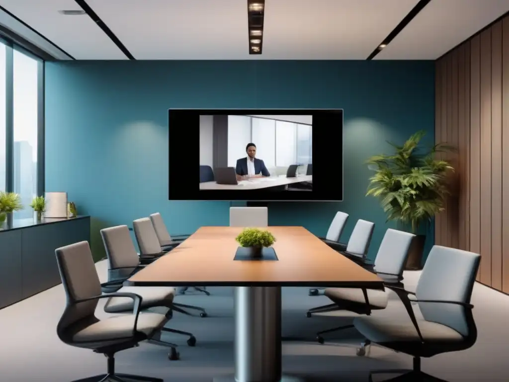 Sala de conferencias profesional y moderna Herramientas de videoconferencia para productividad: Sala moderna con tecnología avanzada y ambiente profesional