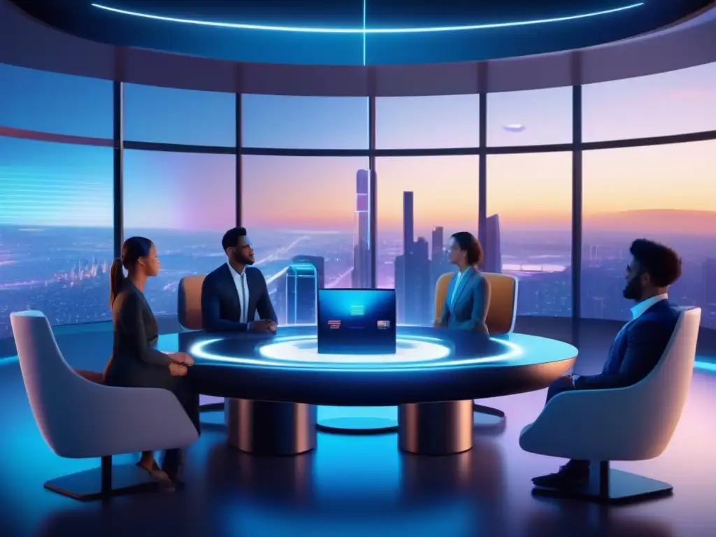 Salón de reuniones virtuales futurista con tecnología de vanguardia en 8k Herramientas de videoconferencia profesionales comparativa: Sala de reuniones virtual futurista con tecnología vanguardista y ambiente innovador