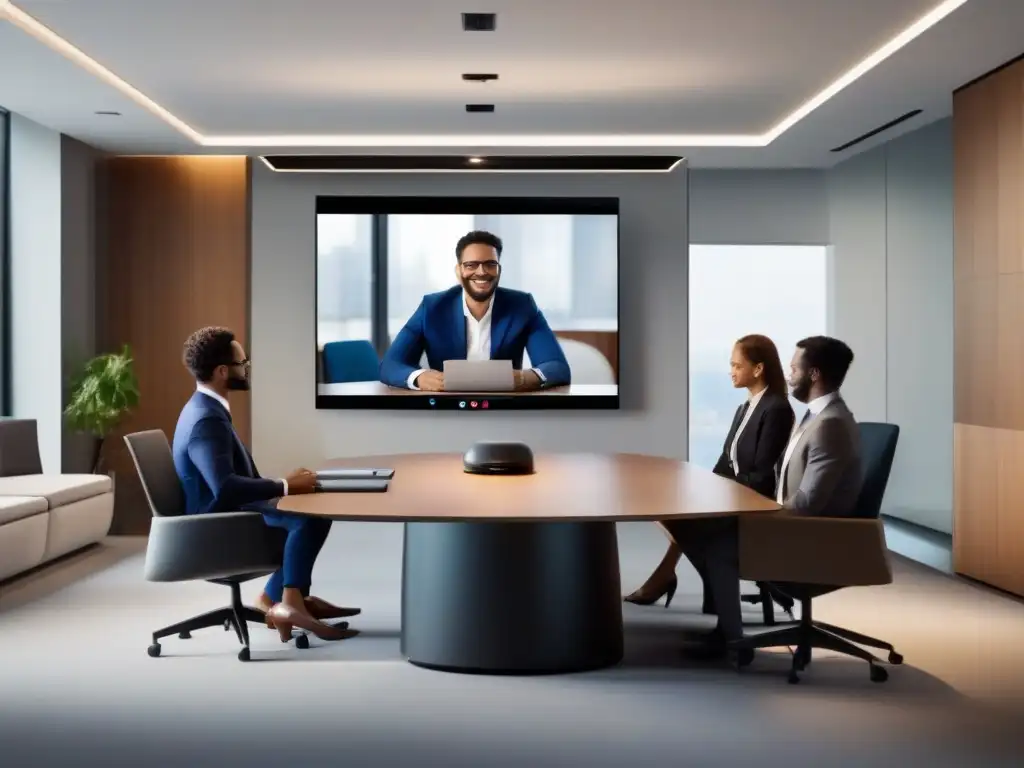 Videoconferencia profesional en entorno moderno Herramientas de videoconferencia para profesionales en un entorno moderno y sofisticado, con una reunión virtual productiva en curso