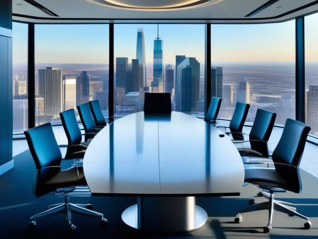 Sala de juntas financiera de vanguardia con vista panorámica Herramientas de videoconferencia para profesionales financieros en un moderno y elegante salón de juntas con vista panorámica a la ciudad